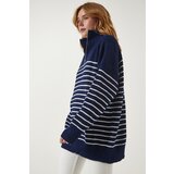  Women's Navy Blue White Zippered Stand Up Collar Striped Oversize Sweater | shoptok.hr
