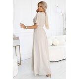 numoco basic 545-3 Long dress with pleated neckline and tie - beige | shoptok.hr