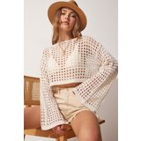  Women's Cream Openwork Crop Knitwear Blouse Cene