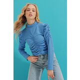 Trend Alaçatı Stili Women's Aviator Blue Half Turtleneck Collar With Smocking Detail in the Front, Self-textured Crop Knitted Blouse | Shoptok.si