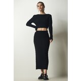  Women's Black Ribbed Crop Knitwear Sweater Skirt Suit | Shoptok.si