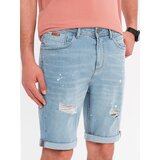 Ombre Men's short denim shorts with rubbing and rolled up leg - light blue | ePonuda.com