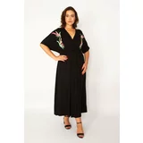 Şans Women's Plus Size Black Wrapover Neck Elastic Waist And Embroidery Detailed Dress