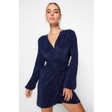 Trendyol Navy Blue Belted Pleated Elegant Evening Dress with Open Waist / Skater Knitting Lined Cene