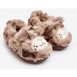 Kesi Children's fur slippers with teddy bear, dark beige Apolania