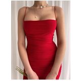 Dewberry 64500 Thin Strap Draped Midi Evening Dress-RED | Shoptok.si