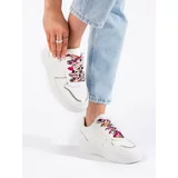 Shelvt Women's white sneakers tied with a ribbon