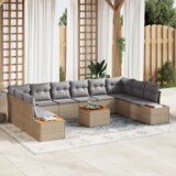 vidaXL 11-delni set vrtnega kavča z blazinami Bež Poly Rattan Acacia | Shoptok.si