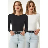  Women's Black and White Crew Neck Wrap 2-Pack Basic Knitted Blouse