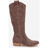Boto Openwork Women's Knee-High Block Heeled Boots Dark Beige Fioris | shoptok.hr