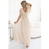numoco basic 562-6 NASTIA Long dress with a neckline and short sleeves - beige | Shoptok.si