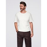 Ombre Men's waffle-textured T-shirt with round neckline - broken white Cene