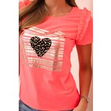 Kesi Women's cotton blouse with ruffles and a heart of rhinestones neon pink | ePonuda.com