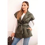Kesi Włoski Women's quilted vest with belt and wide collar khaki Cijene