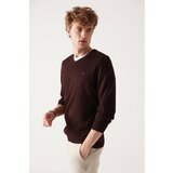 Avva Men's Burgundy V Neck Wool Blended Standard Fit Regular Cut Knitwear Sweater Cene