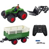Traktor na daljinsko upravljanje s duplim kotačima, prikolicom i viljuškarom - zeleni | Shoptok.si