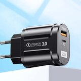 Techsuit Premium stenski polnilec (CHPD038) - USB-A, QC 3.0, USB-C, 20 W - črn | Shoptok.si