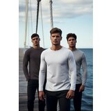 Trendyol Anthracite-Grey-White Men's 3-Pack 100% Cotton Long Sleeved Slim/Tight Fit Basic T-Shirt Cene