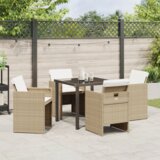 vidaXL 5-delna vrtna jedilna garnitura z blazinami bež poli rattan, vrtna miza črna 80x80x73 cm kaljeno steklo | Shoptok.si