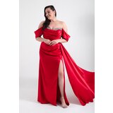 Lafaba Women's Red Boat Neck Slit Long Plus Size Satin Evening Dress cene