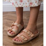 Gemre Beige slides with buckles and embroidery on straps Kim | Shoptok.si