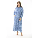 Şans Women's Large Size Blue Woven Viscose Fabric Front Buttoned Long Sleeve Dress