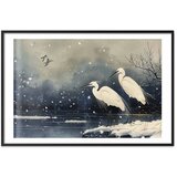  Plakat - Herons over a Winter Pond - illustration in the Japanese style in dark colors 60x40 Crni okvir s margom | shoptok.hr