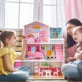  Drvena kućica za lutke s 3 kata i 10 namještajem te 5 soba, kućica za lutke - ružičasta | shoptok.hr