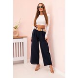 Kesi Włoski Women's linen trousers with wide legs and a belt navy blue | shoptok.hr
