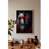 Wallxpert uramljena slika 115189, beli i crni konj sa crvenim povezima preko očiju, 50 x 70 cm, beli ram Cene