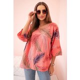 Kesi Włoski Women's cotton blouse with leaves with roll-up sleeves raspberry | Shoptok.si