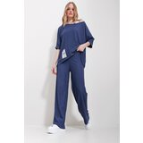 Trend Alaçatı Stili Women's Navy Blue Boat Neck Blouse And Palazzo Trousers 3-Piece Suit Cene