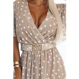 numoco basic 604-3 Sensual dress with white polka dots, a wrap neckline and a decorative belt - beige | ePonuda.com