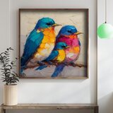 Wallxpert uramljena mdf slika DOS060-70, tri šarene ptice na grani, slikano špahtlom, 70 x 70 cm | Eponuda.com