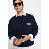 Trendyol Navy Blue Men's Oversized Soft Textured College Themed Thick Sweatshirt.