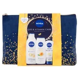 Nivea Q10 & Vitamin Care set: losjon za telo Q10 Vitamin C Firming 400 ml + gel za prhanje Apricot & Apricot Seed Oil 250 ml + krema za roke Q10 Anti-Age 100 ml + kozmetična torbica za ženske