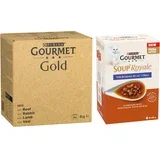 pakiranje Gourmet Gold 96 x 85 g - Gold 96 x 85 g Nježni zalogajčići u umaku: govedina, piletina i jetra, losos i piletina, puretina i pačetina + Soup Royale Riblji izbor 48 x 45 g