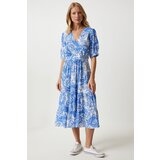  Women's Blue Wrap Collar Floral Summer Viscose Dress Cijene