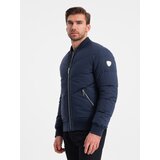 Ombre Men's quilted bomber jacket with metal zippers - navy blue Cene