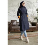 InStyle Hooded Neon Trench with Pleated Waist - Navy Blue \ Orange