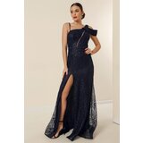 By Saygı One Side Rope Strap Waist Beaded Lined Sequin Embroidered Front Slit Long Fishtail Dress | Shoptok.si