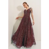 By Saygı Beading Detail, Lace-Up Back, Lined Plumper Shirred Long Dress Claret Red.