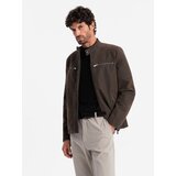 Ombre Men's retro biker jacket with stand-up collar - brown Cene