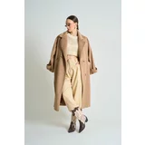 Laluvia Camel Double Breasted Collar Button Detailed Belted Coat