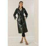 By Saygı Belted Waist Lined Faux Leather Trench Coat with Side Pockets. Cene