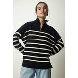 Happiness İstanbul Women's Black and White Zippered Collar Striped Knitwear Sweater Cene