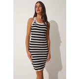 Happiness İstanbul Women's Black and White Striped Wrap Summer Sweater Dress