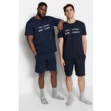Trendyol Plus Size Pajama Set - Navy blue - With Slogan Cene