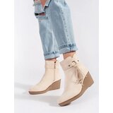 Shelvt Suede light beige women's wedge boots with fringes Cene