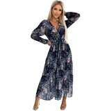 Numoco Pleated chiffon long dress with a neckline, long sleeves and belt | Shoptok.si